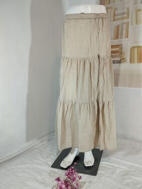 Windsor Beige and White Gingham Tiered Maxi Skirt